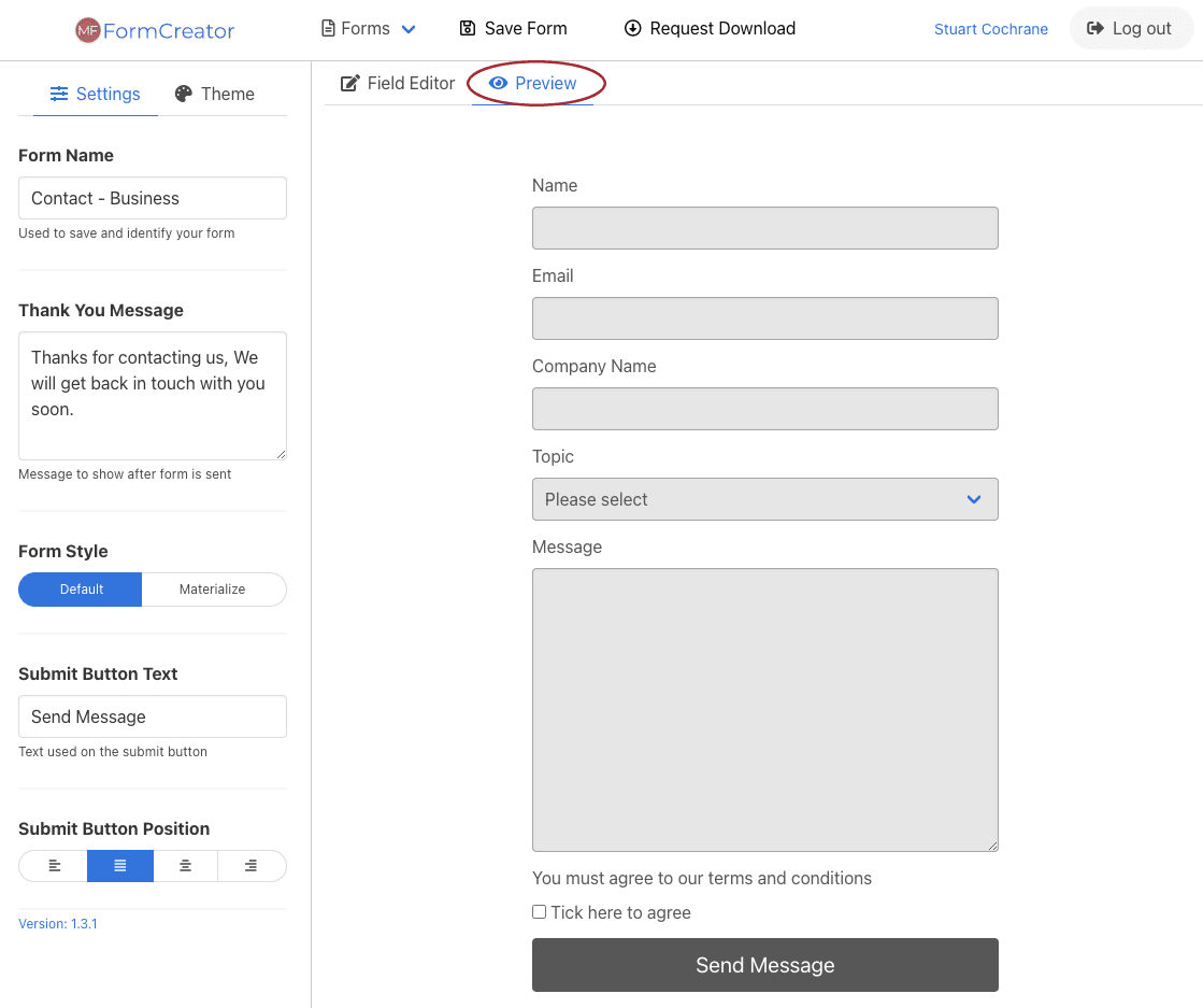 Form creator preview mode