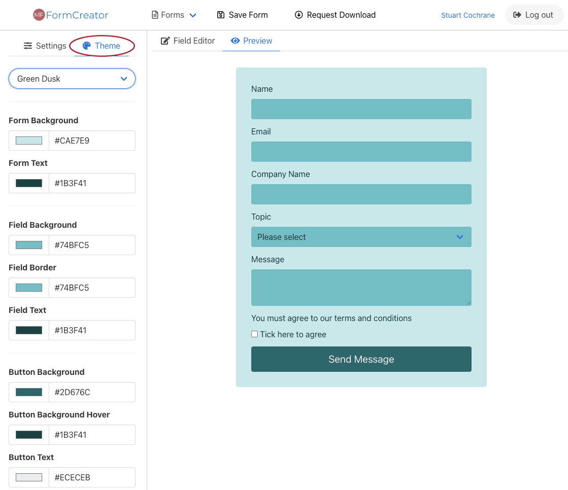 Form creator theme editor