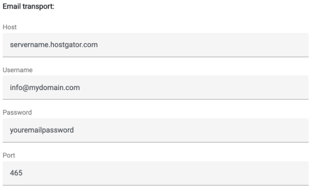 SMTP host and port settings for HostGastor with SSL
